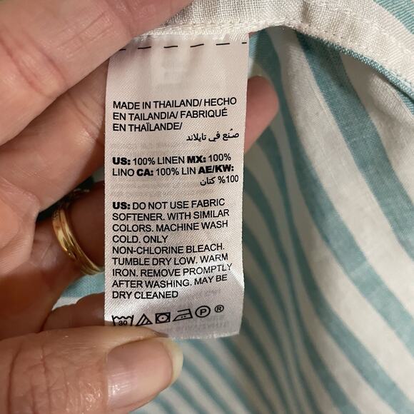 Chico's No Iron Sz 2.5 (US 14) Blue White 3/4 Sleeve Striped Linen Shirt Tunic - Picture 5 of 8